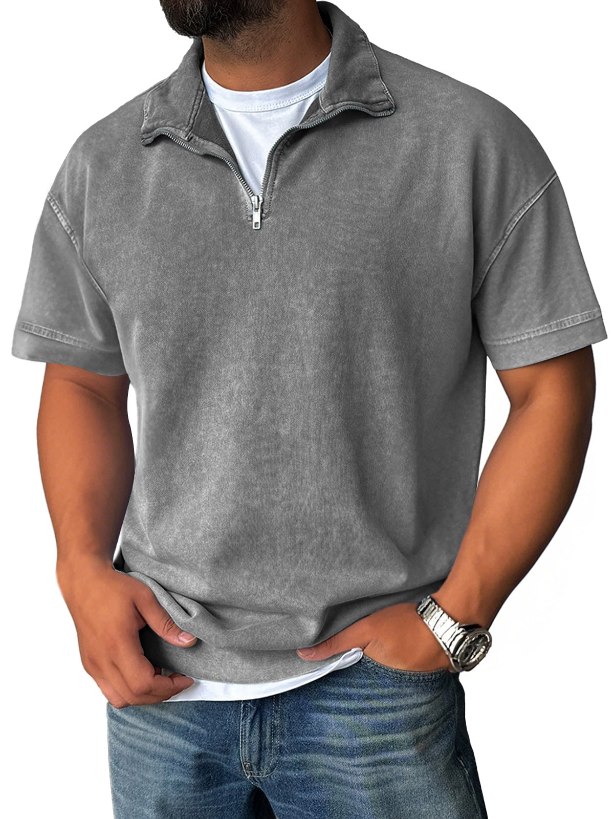 Men's Retro Stand Collar Zipper Casual Solid Color Short Sleeve T-Shirt