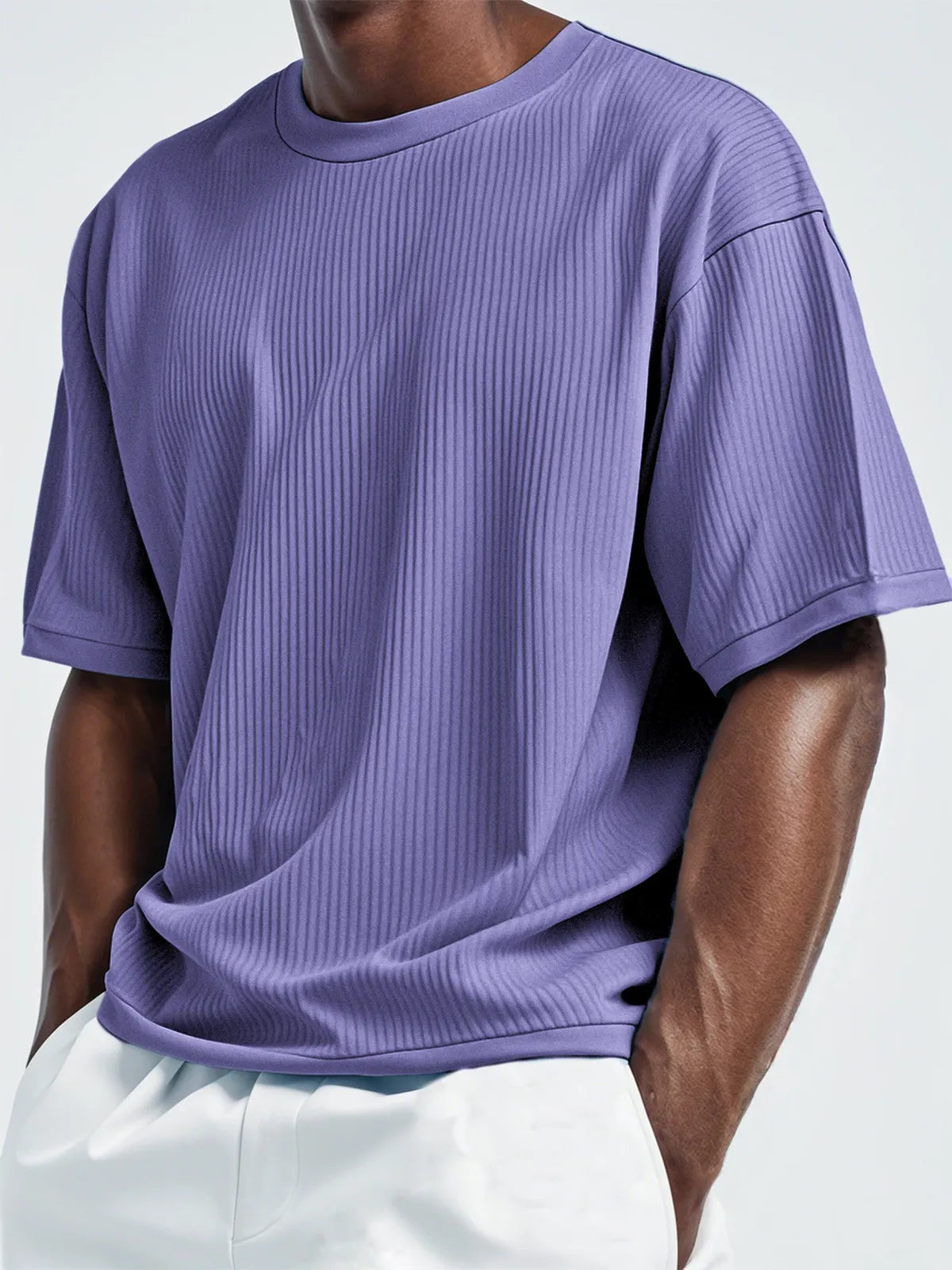 Men's Pleated Vertical Striped Fabric Casual Short Sleeve T-shirt