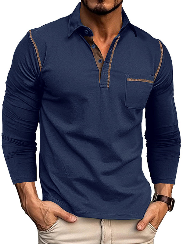 Men's Casual Cotton Lapel Pocket Long Sleeve Polo Shirt