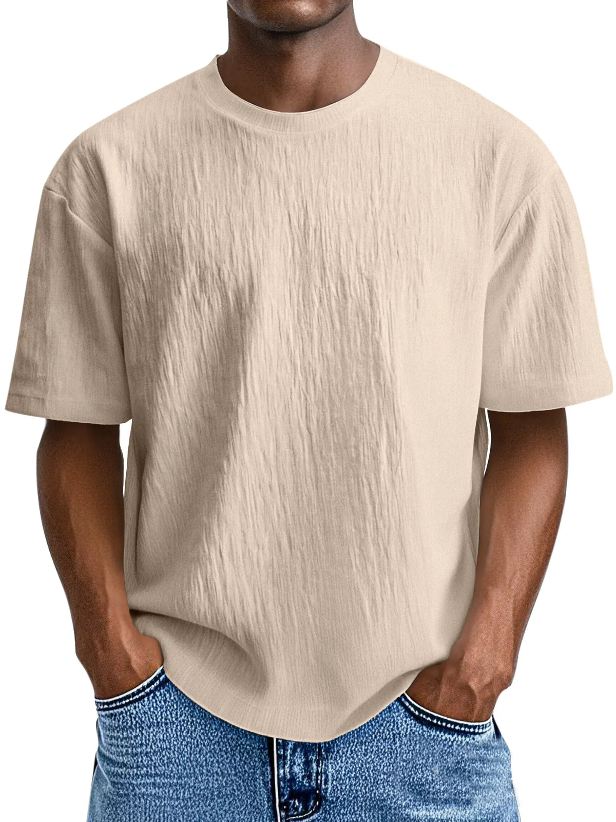 Men's Simple, Comfortable And Loose Solid Color Pleated Round Neck Short-sleeved T-shirt