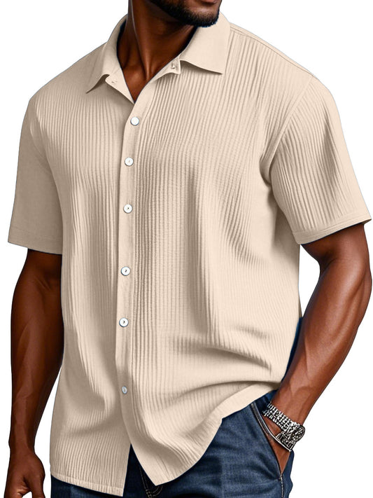 Men's Comfortable Solid Color Texture Short Sleeve Button Shirt
