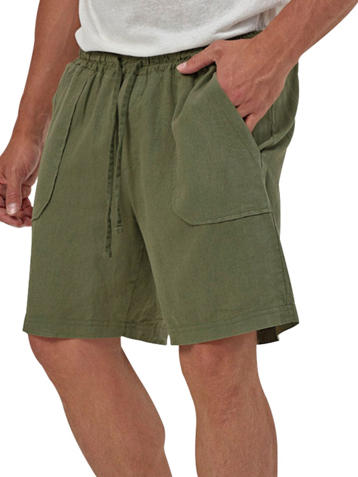 Men's Linen Casual Vacation Double Pocket Drawstring Elastic Waist Shorts Cropped Pants