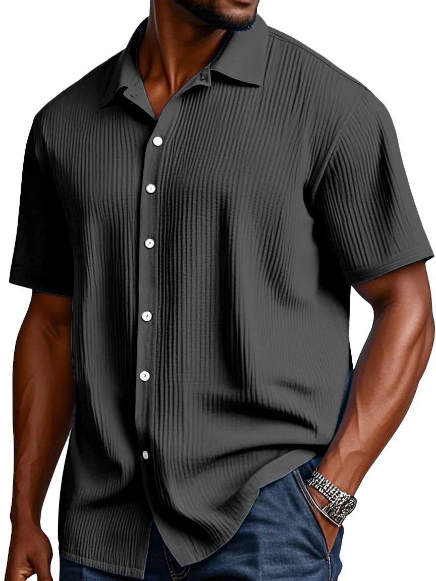 Men's Comfortable Solid Color Texture Short Sleeve Button Shirt