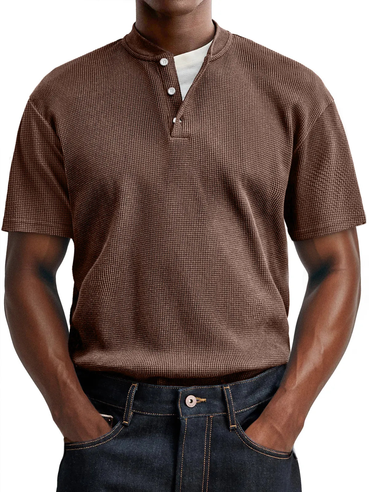 Men's Waffle Casual Button Up Comfort Short Sleeve Henley