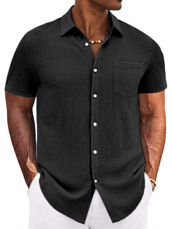 Men's Casual Simple Solid Color Texture Short-sleeved Button-down Shirt