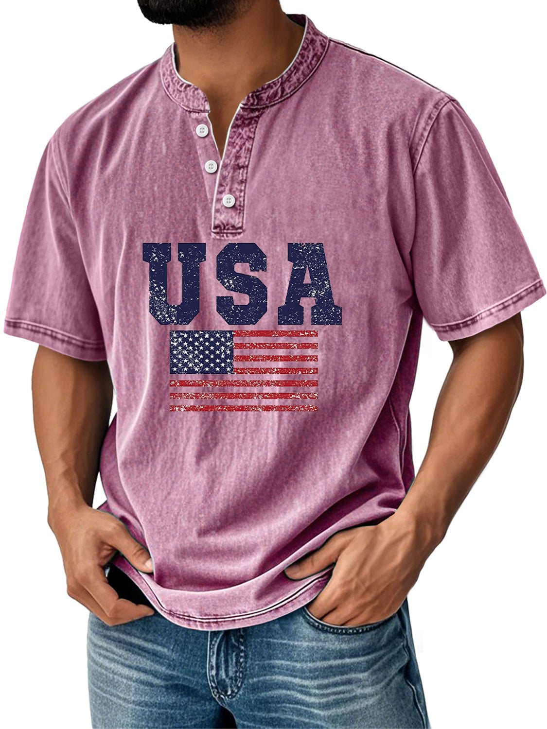 Men's Everyday Independence Day Flag Print Casual Stand Collar Short Sleeve Henley Shirt