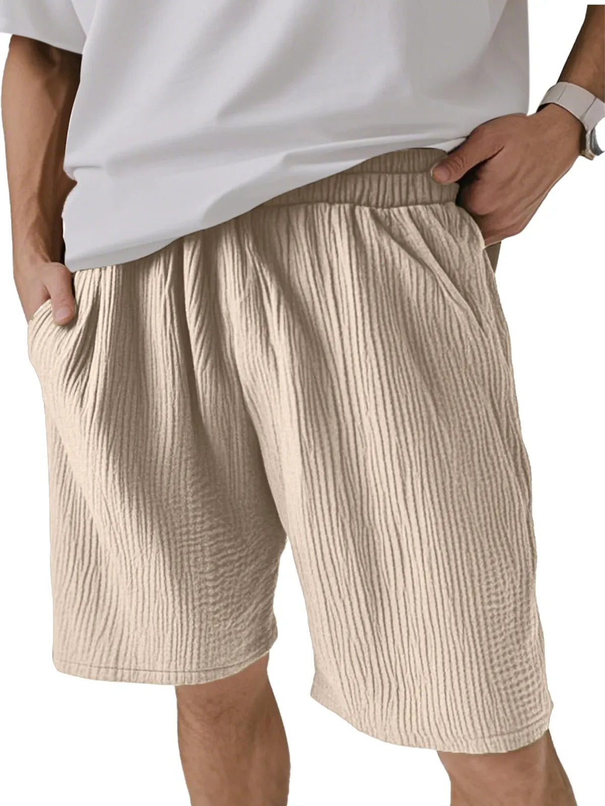 Men's Solid Color Pleated Texture Casual And Comfortable Shorts