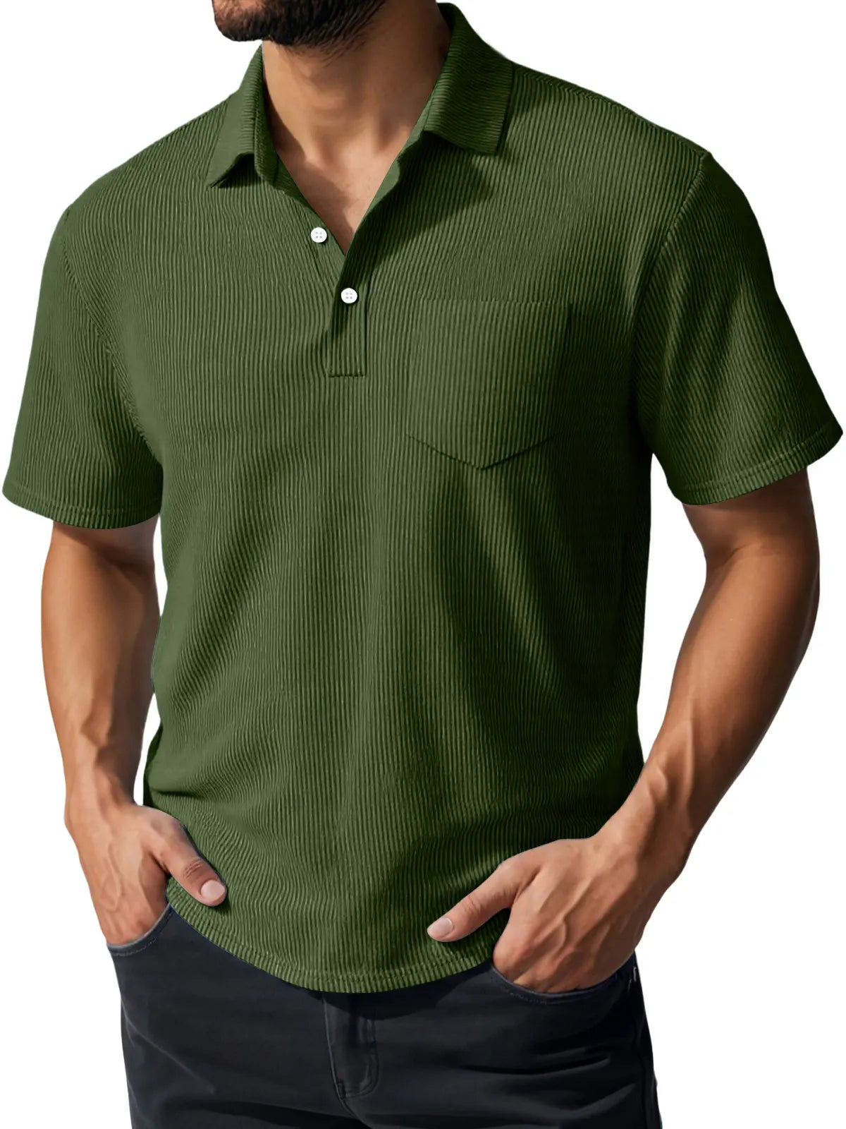 Men's Daily Casual Ribbed Lapel Button Pocket Short-sleeved Polo Shirt