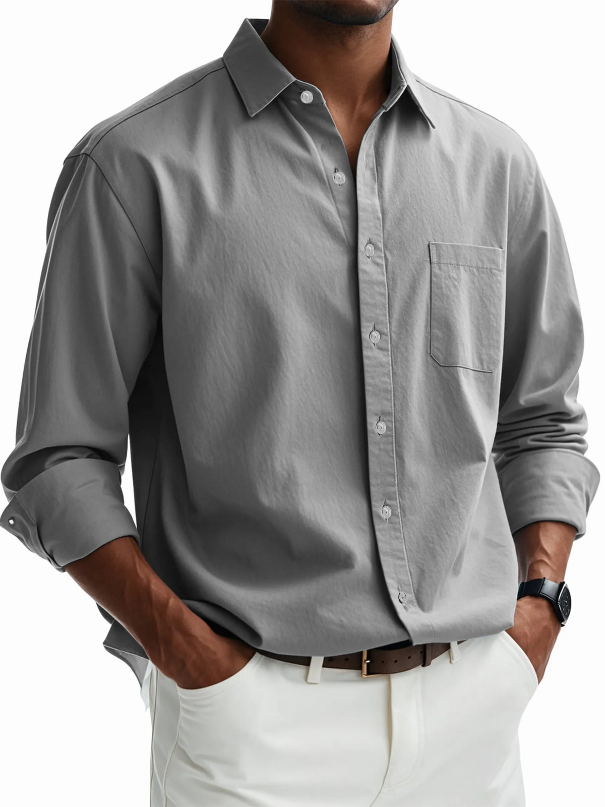 Men's Casual Cotton Pocket Basic Long Sleeve Shirt
