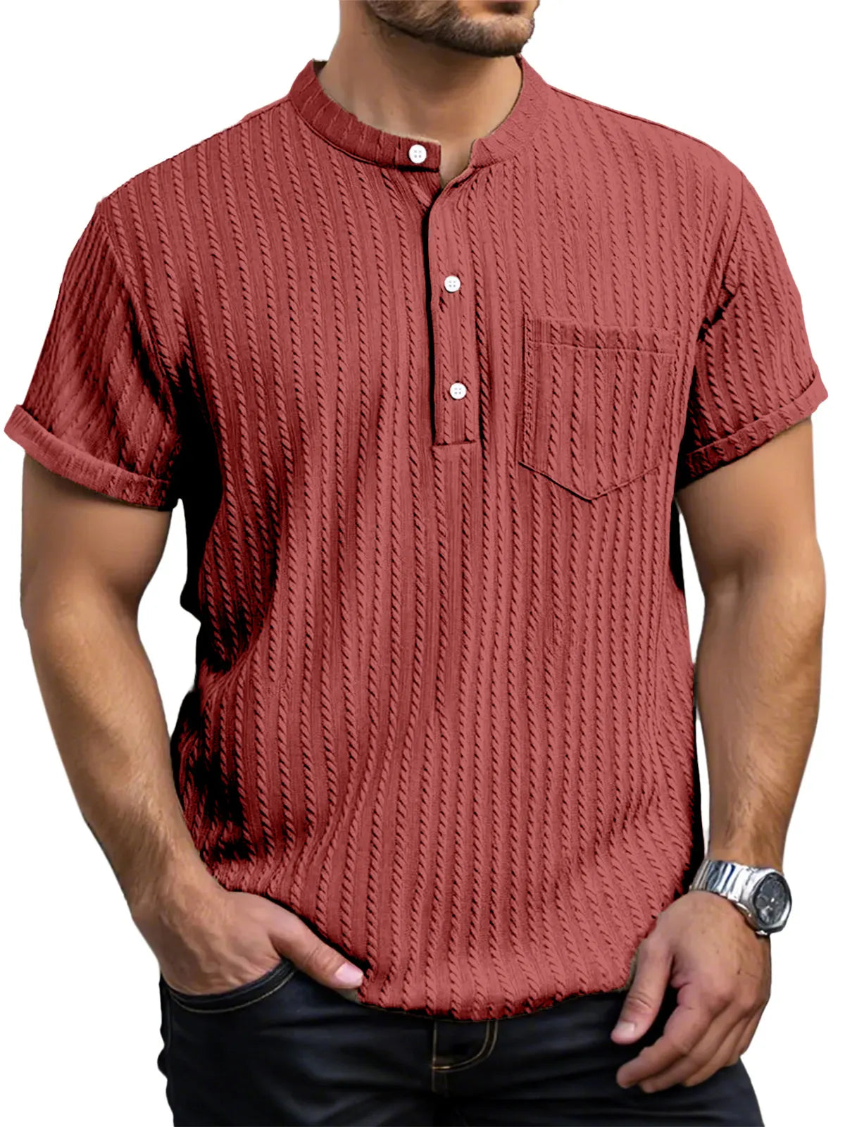 Men's Everyday Casual Short Sleeve Textured Button Henley Shirt