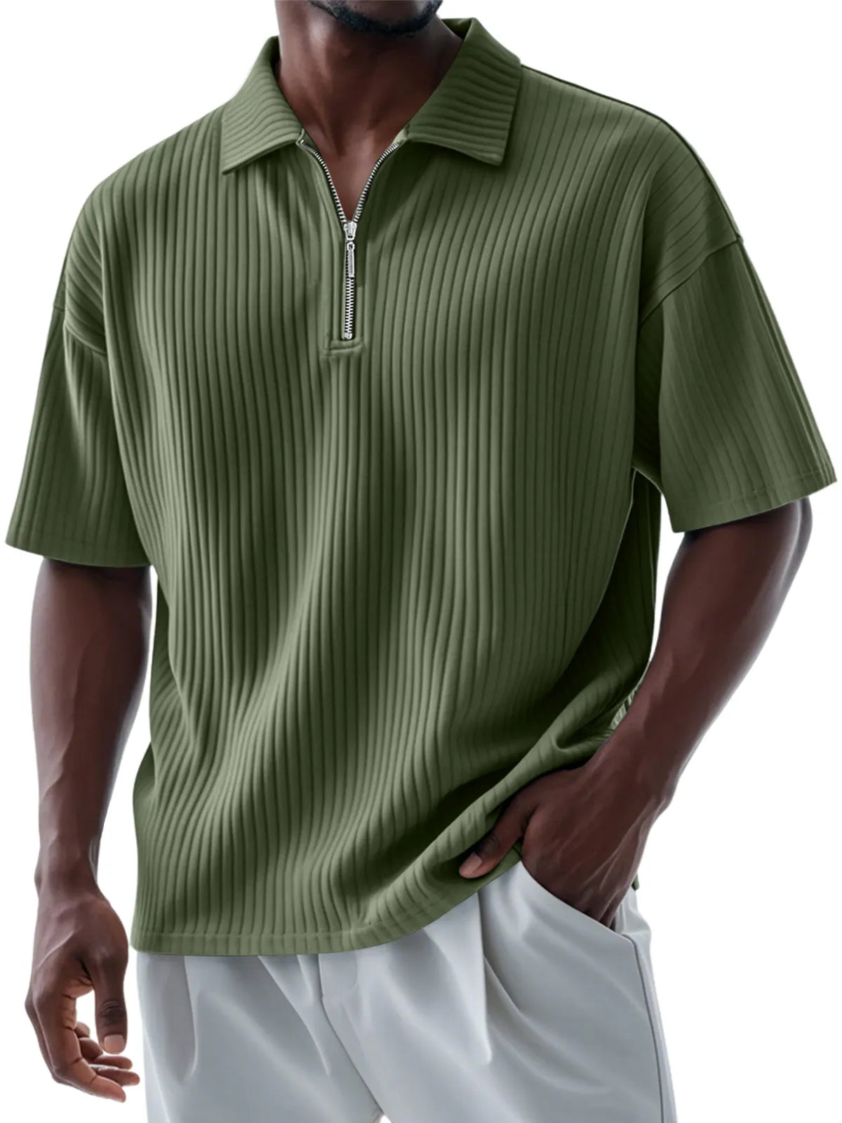 Men's Casual Daily Pitted Lapel Zipper Short-sleeved Polo Shirt