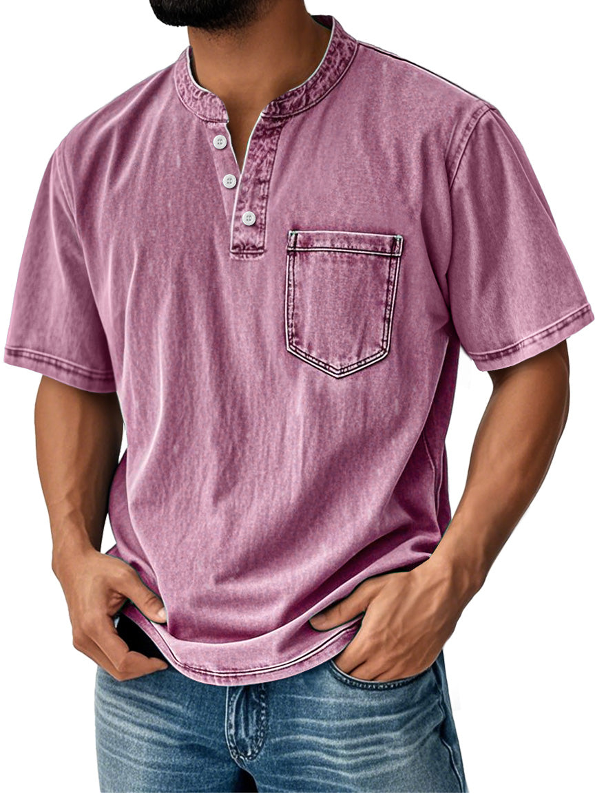 Men's Retro Stand Collar Casual Pocket Solid Color Short Sleeve Henley Shirt