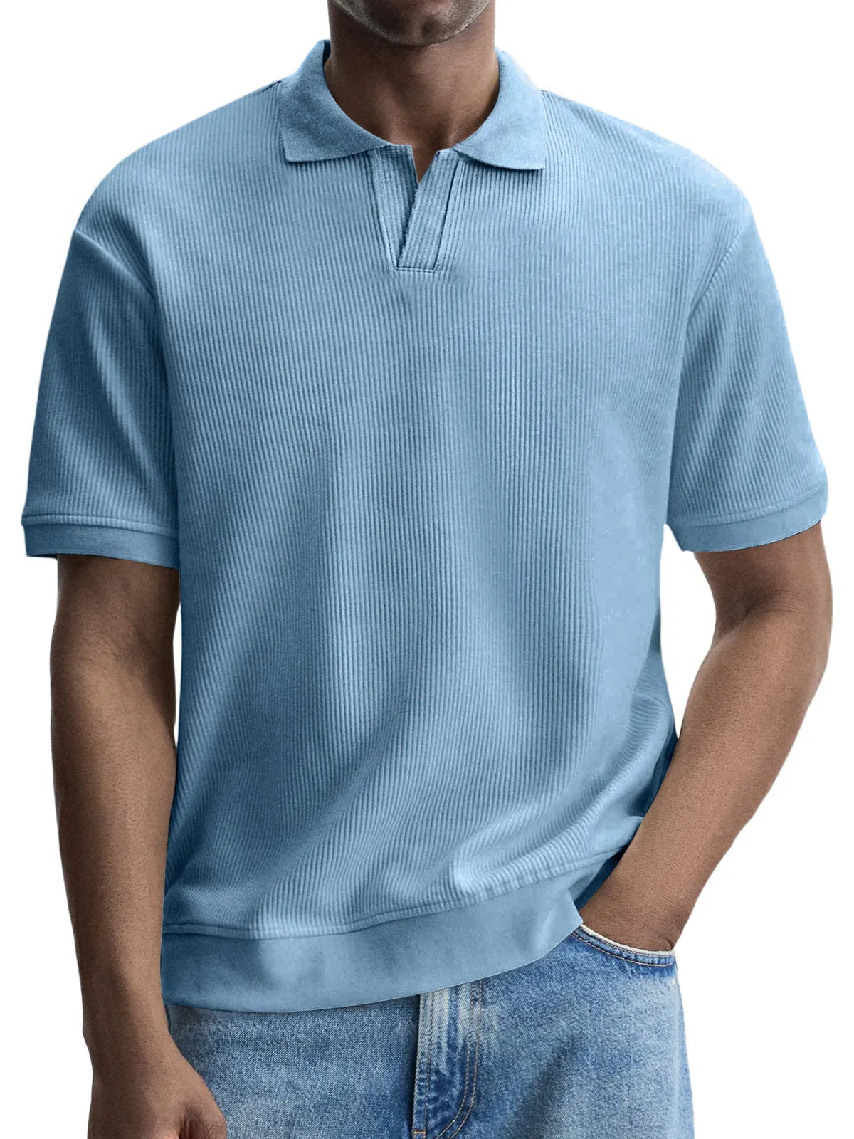 Men's Fashionable Casual Pitted V-neck Solid Color Short-sleeved Polo Shirt