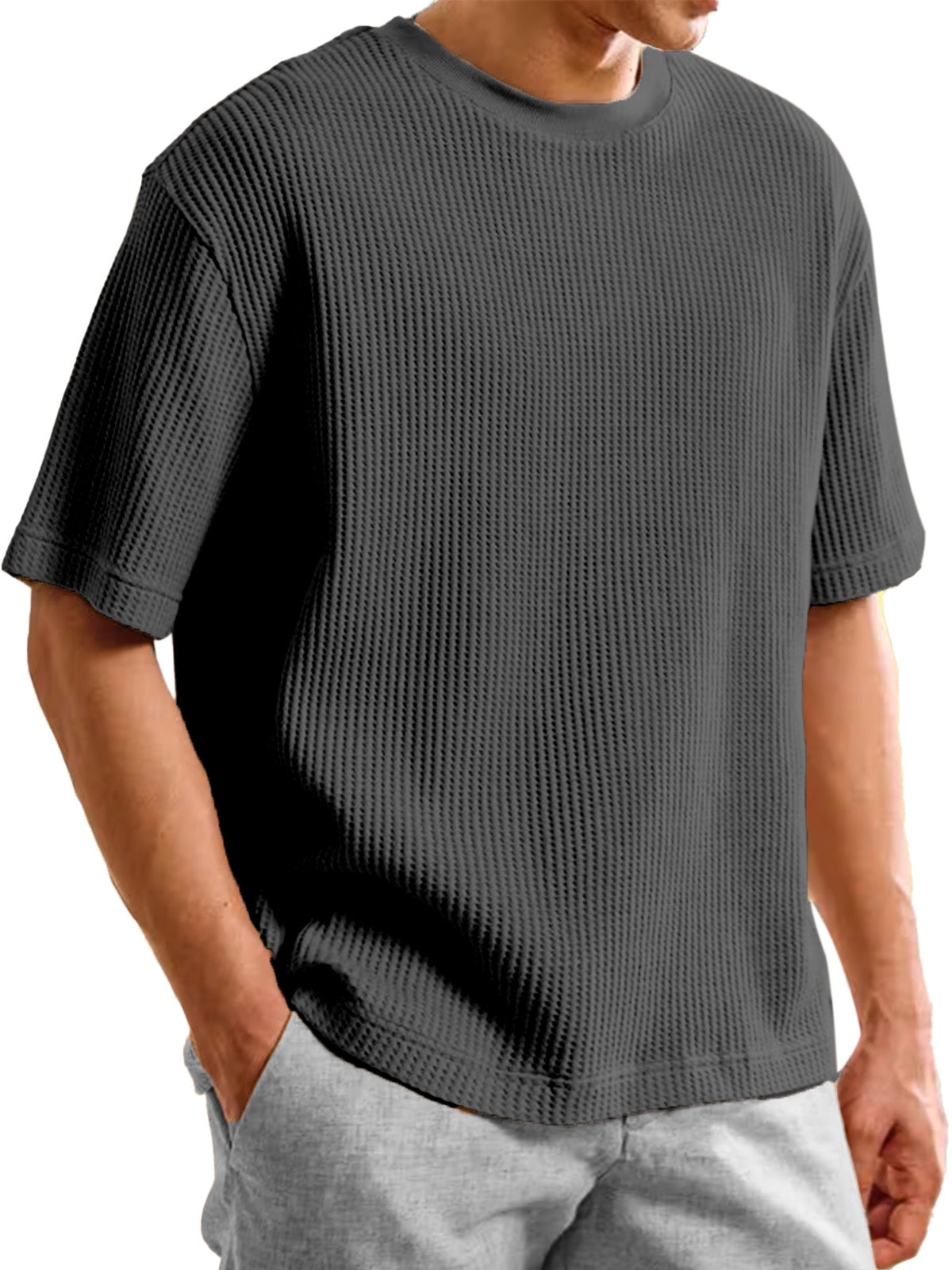 Men's Summer Waffle Texture Loose Round Neck Short-sleeved T-shirt