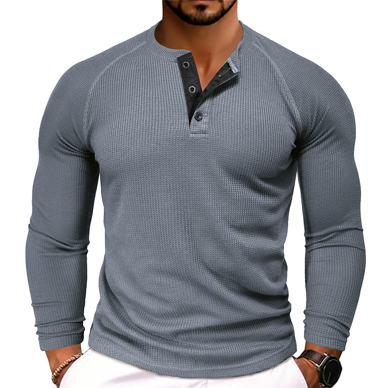 Men's Waffle Henley Collar Textured Long-sleeved Top