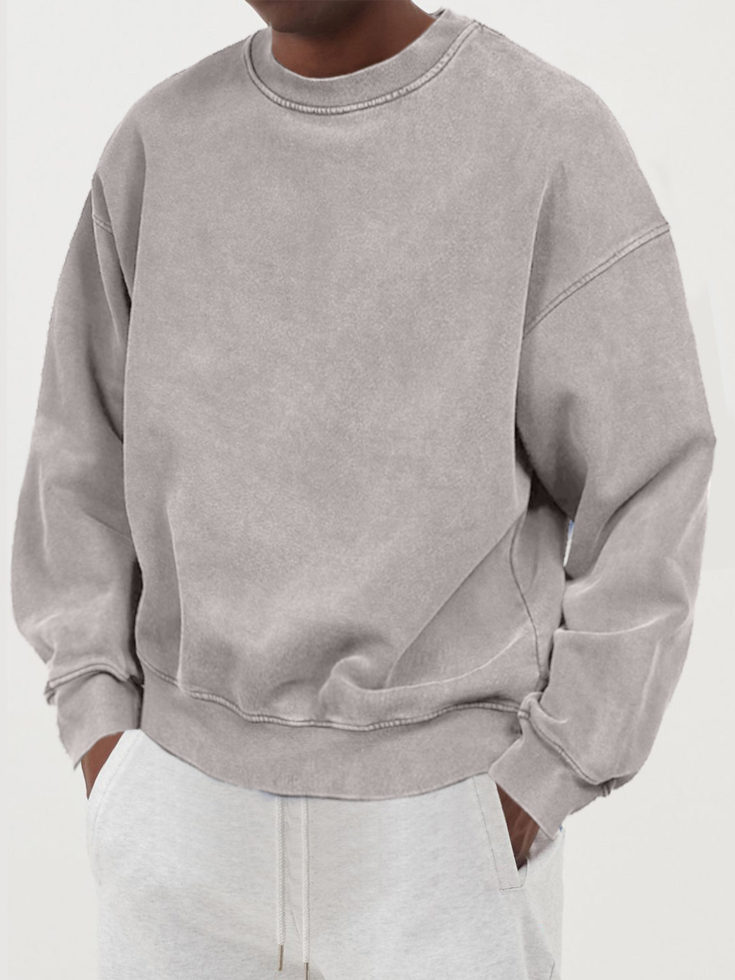 Men's Distressed Washed Cotton Round Neck Long-sleeved Sweatshirt