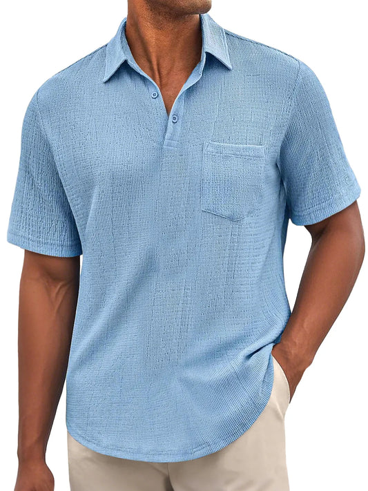 Men's Daily Bubble Wrinkle Casual Pocket Solid Color Short Sleeve POLO Shirt