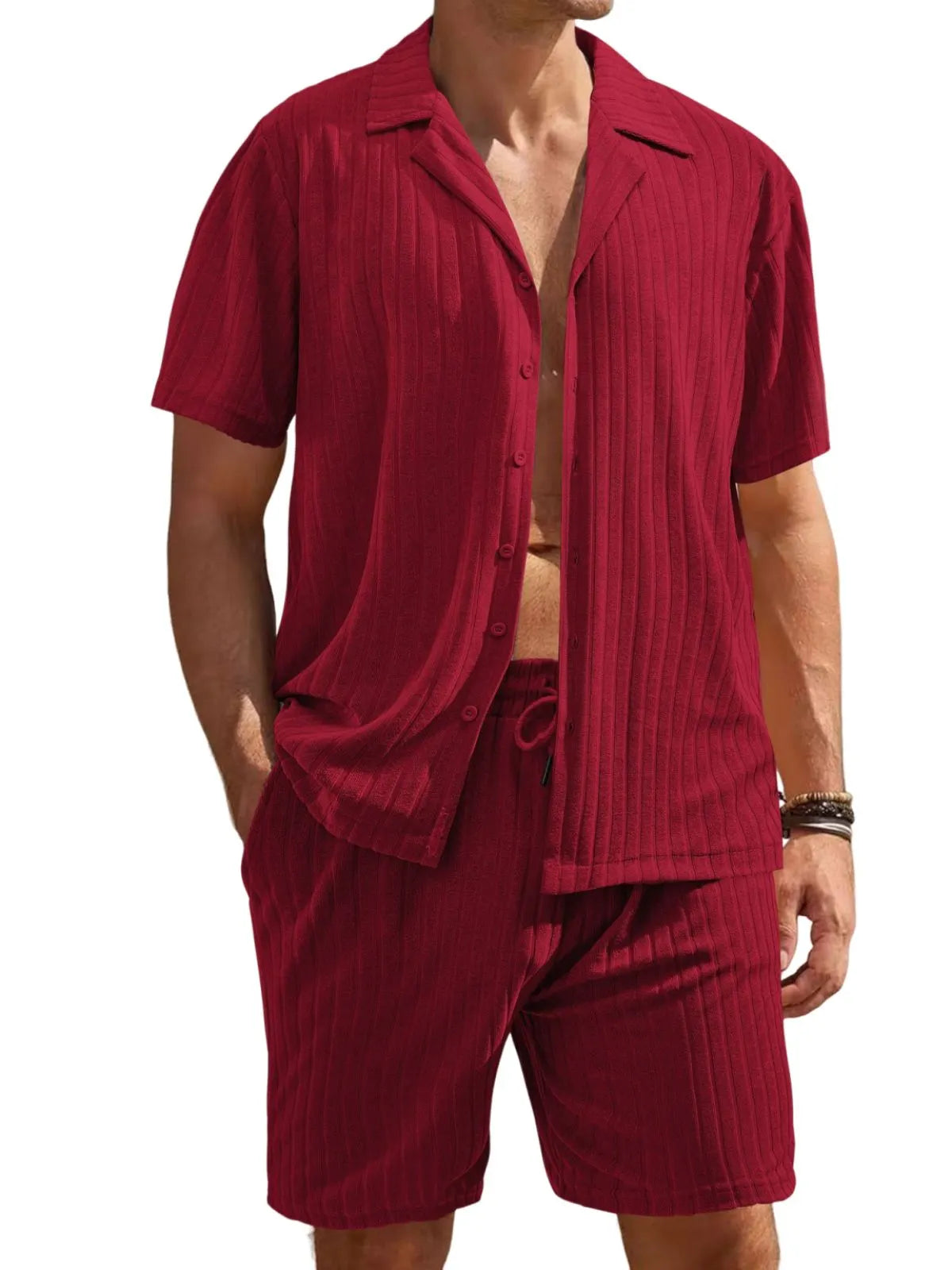 Men's Comfortable Towel Jacquard Casual Cardigan Short Sleeve Shorts Set