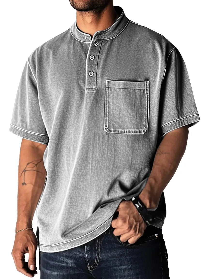 Men's Fashion Retro Distressed Pocket Short Sleeve Lapel Henley Shirt