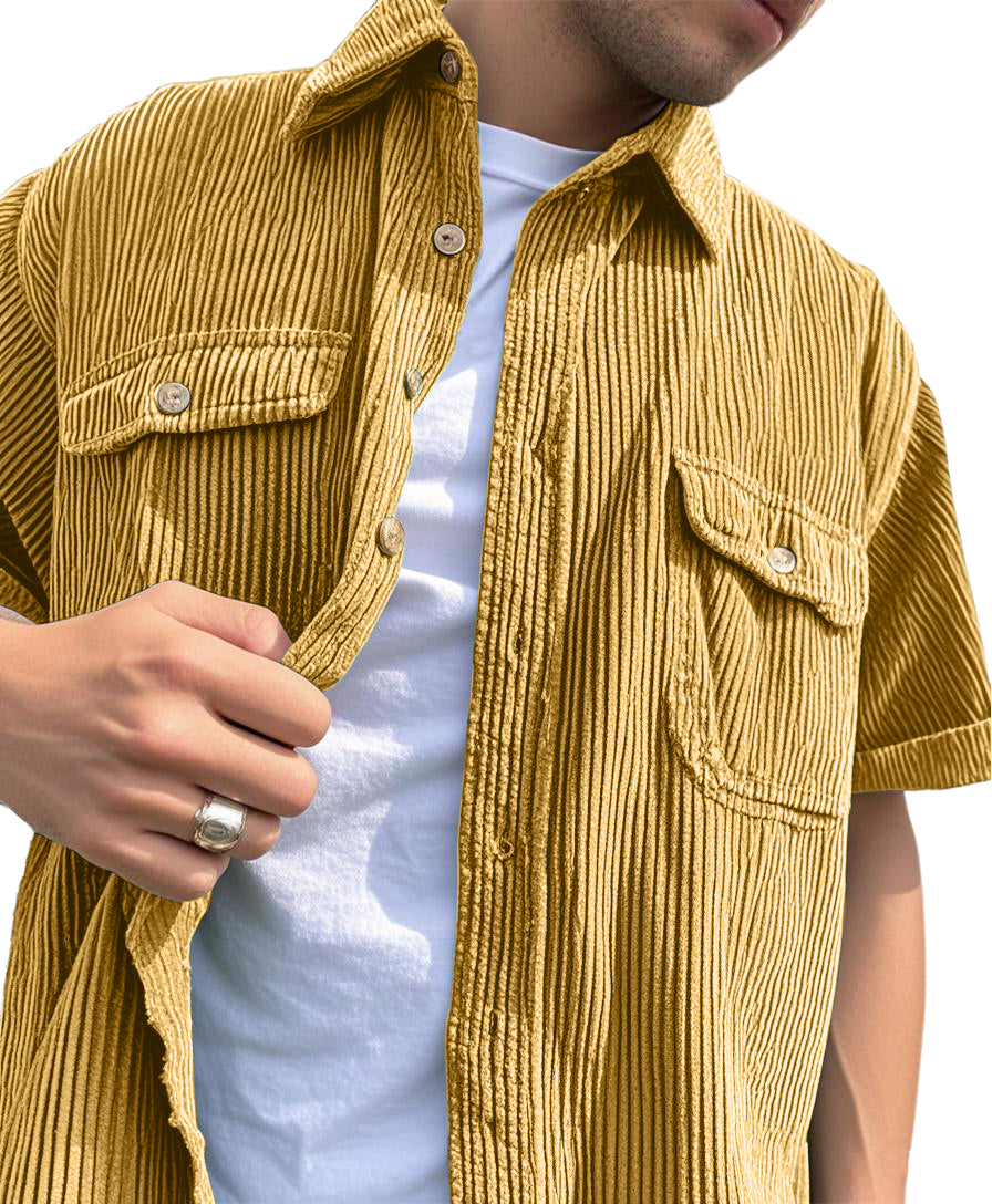 Men's Fashion Double-pocket Retro Corduroy Workwear Casual Short-sleeved Shirt