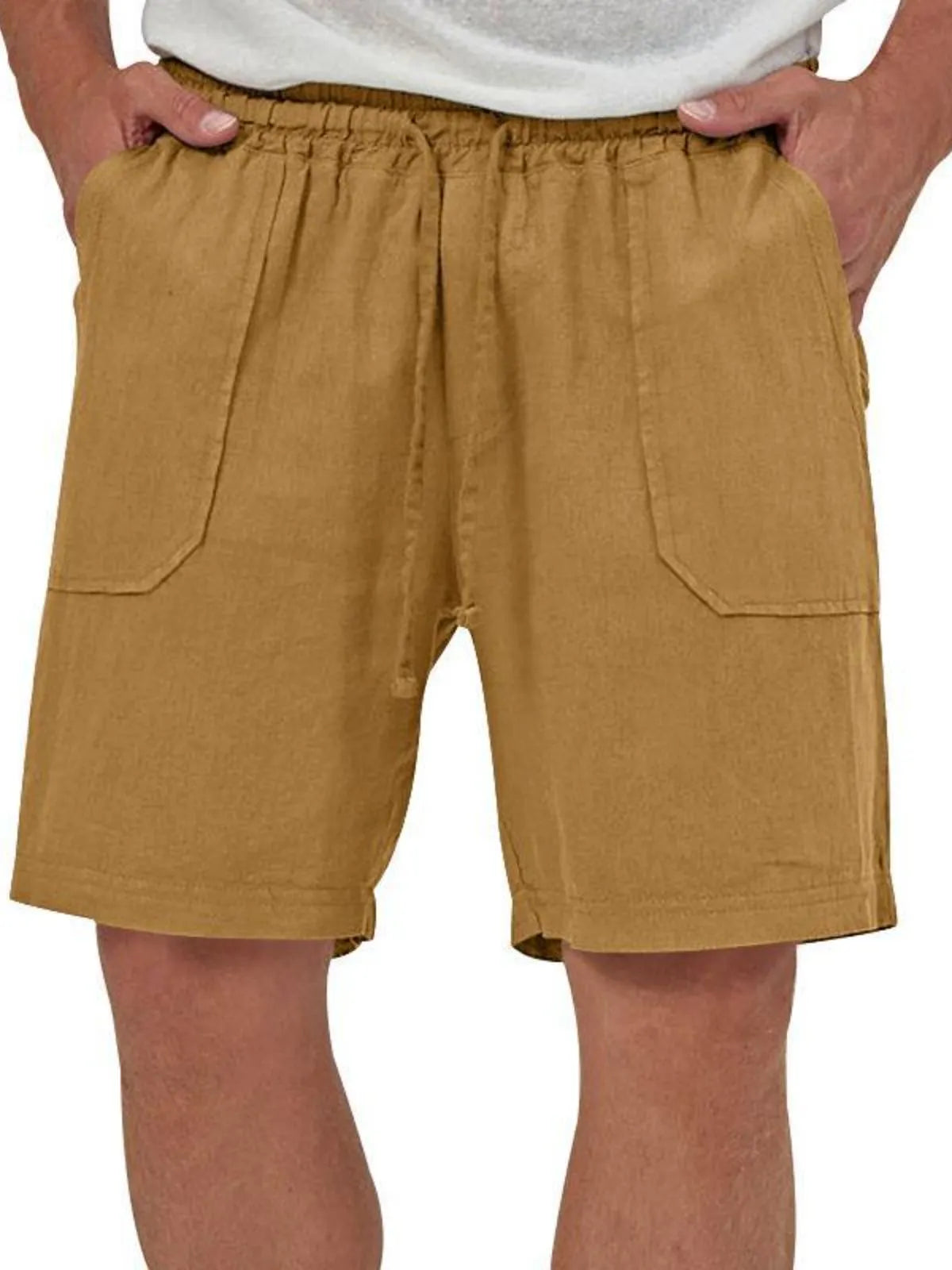 Men's Linen Casual Vacation Double Pocket Drawstring Elastic Waist Shorts Cropped Pants