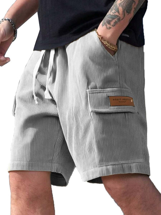 Men's Fashion Retro Workwear Pocket Ribbed Embroidered Logo Shorts