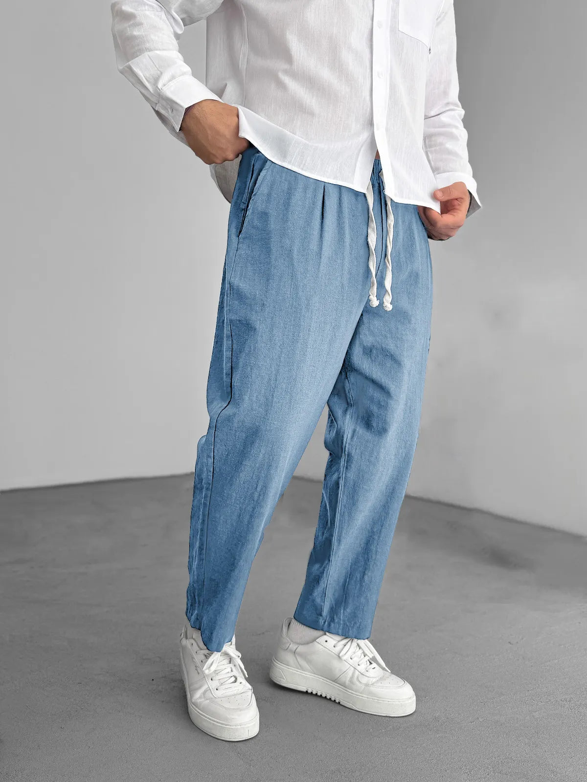 Men's Fashion Casual Hemp Fabric Elastic Drawstring Pocket Trousers