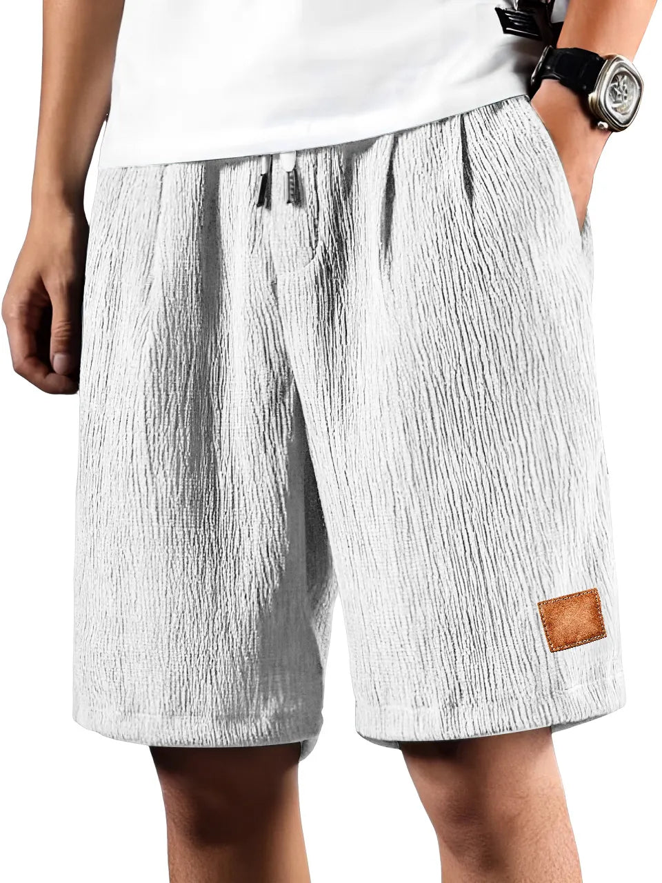 Men's Daily Pleated Texture Embroidered Logo Drawstring Casual Shorts