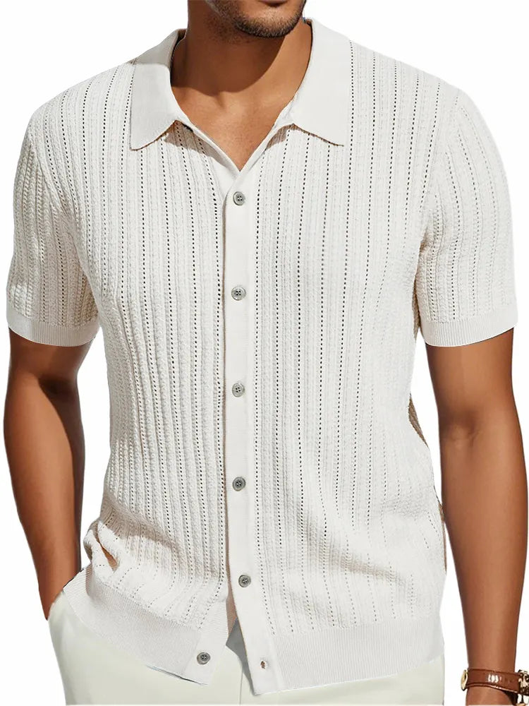 Men's Knitted Retro Fashion Striped Stretch Casual Short-sleeved Shirt