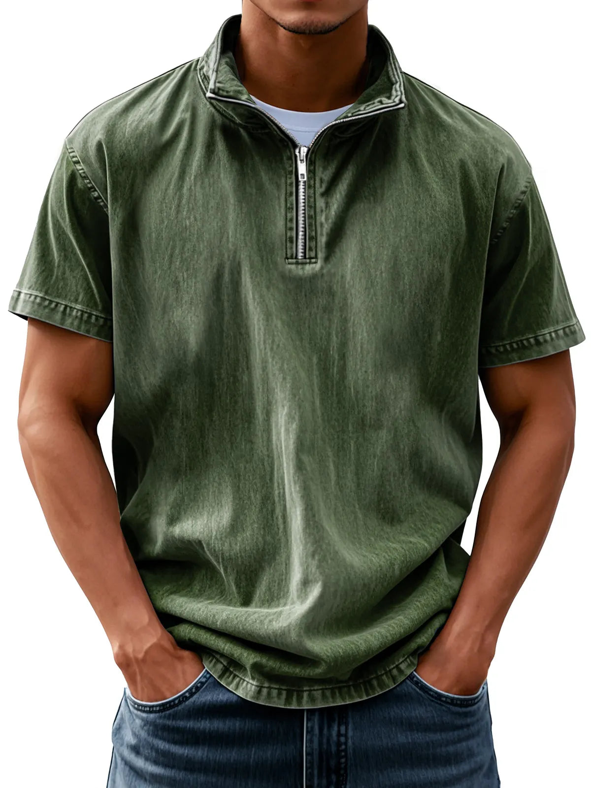 Men's Retro Everyday Stand Collar Zipper Solid Color Short Sleeve Shirt