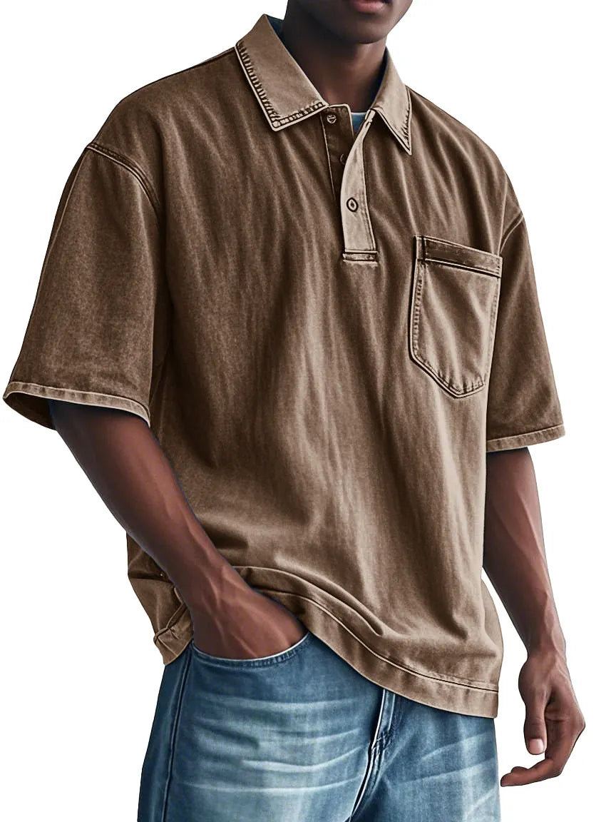 Men's Fashion Retro Distressed Lapel Pocket Polo Shirt
