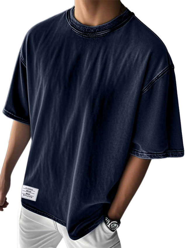 Men's Stylish Washed Distressed Cotton Logo Casual Short Sleeve T-shirt