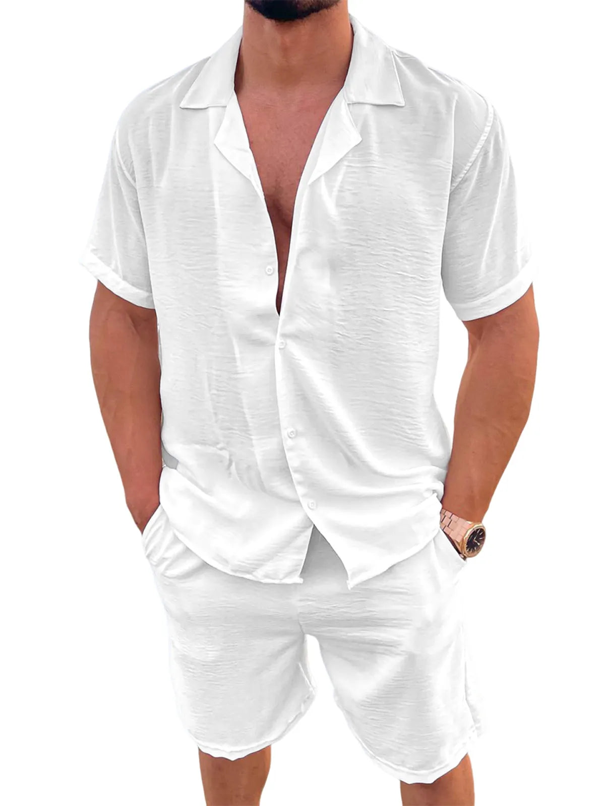 Men's Linen Camp Set Vacation Leisure Short Sleeve and Shorts Two-piece Suit