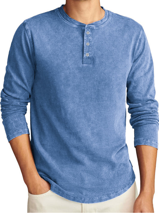 Men's Vintage Distressed Long Sleeve Washed Casual T-Shirt Henley Shirt
