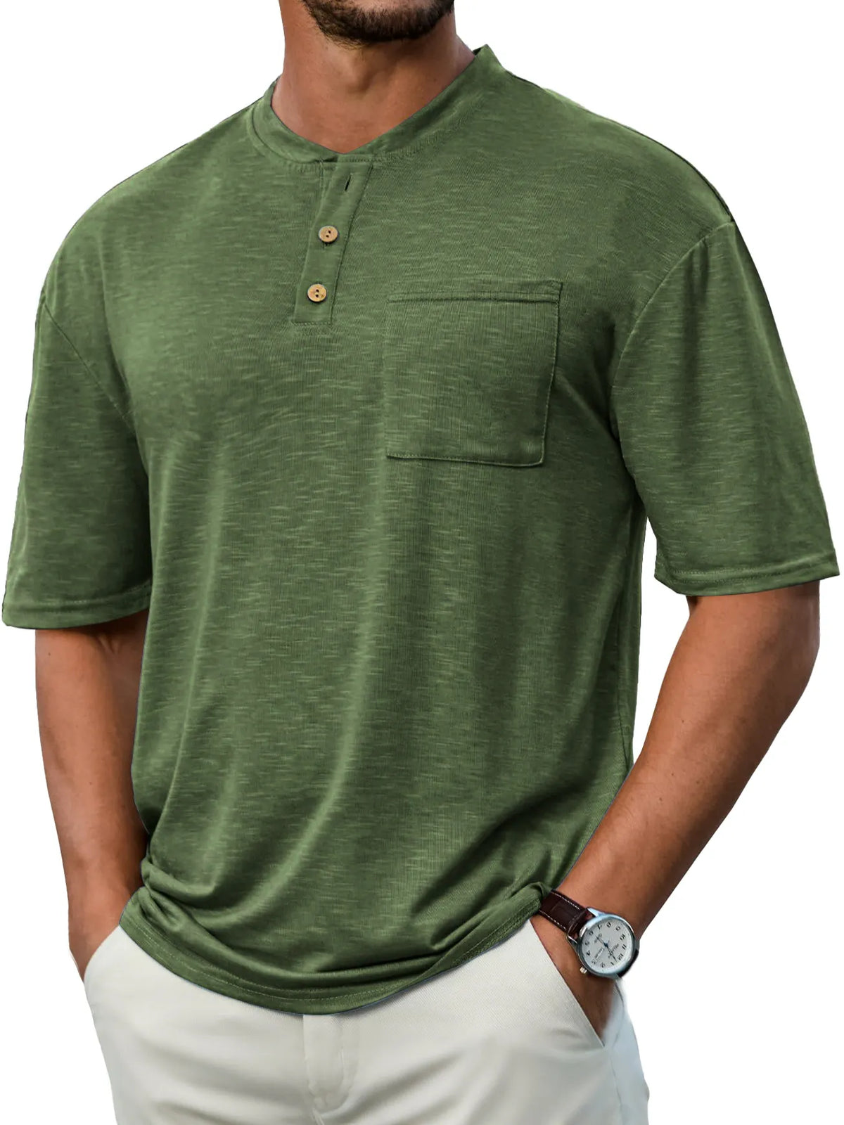 Men's Everyday Casual Stand Collar Pocket Comfort Short Sleeve Henley Shirt