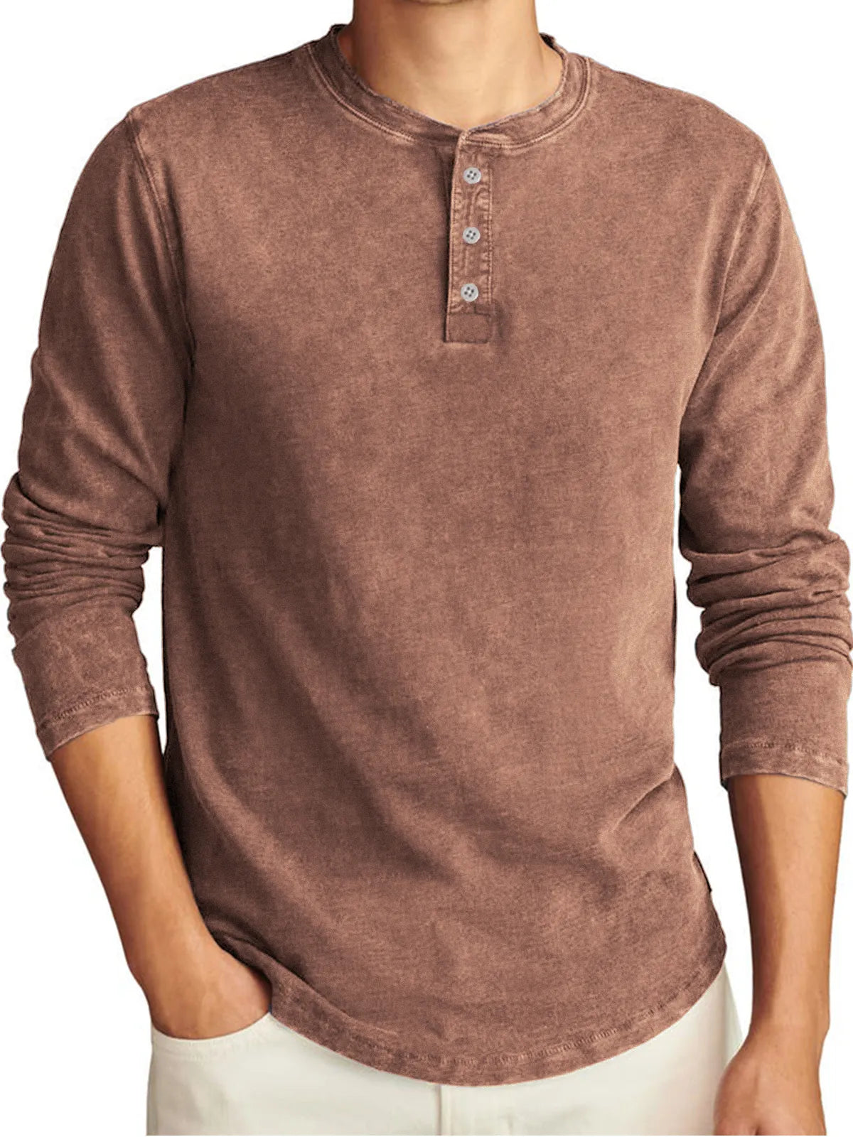 Men's Vintage Distressed Long Sleeve Washed Casual T-Shirt Henley Shirt