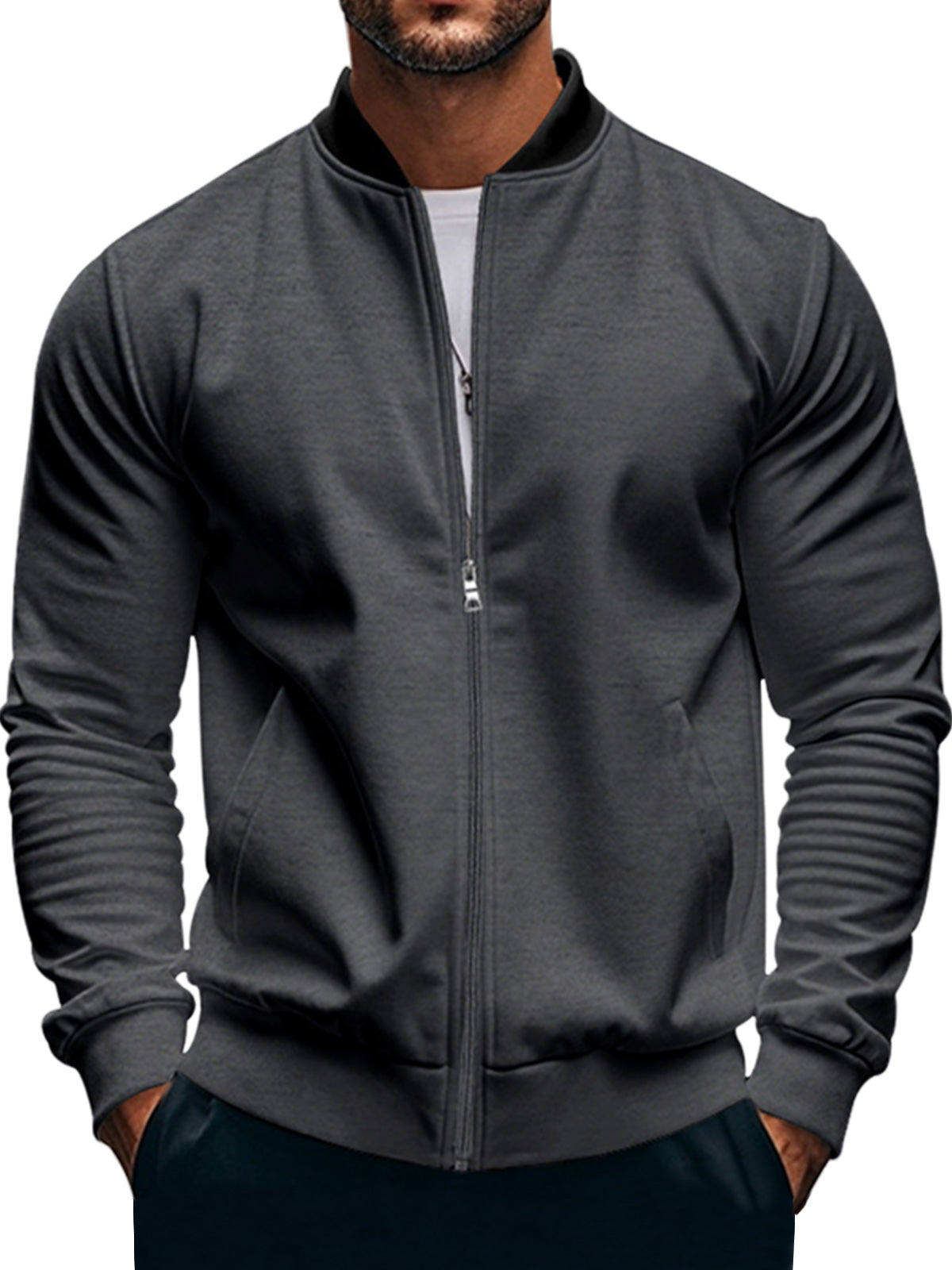Men's Casual Stand Collar Zipper Long Sleeve Baseball Jacket
