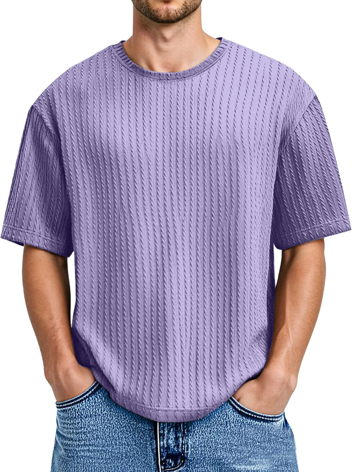 Men's Daily Solid Color Twist Texture Short-sleeved Round Neck T-shirt
