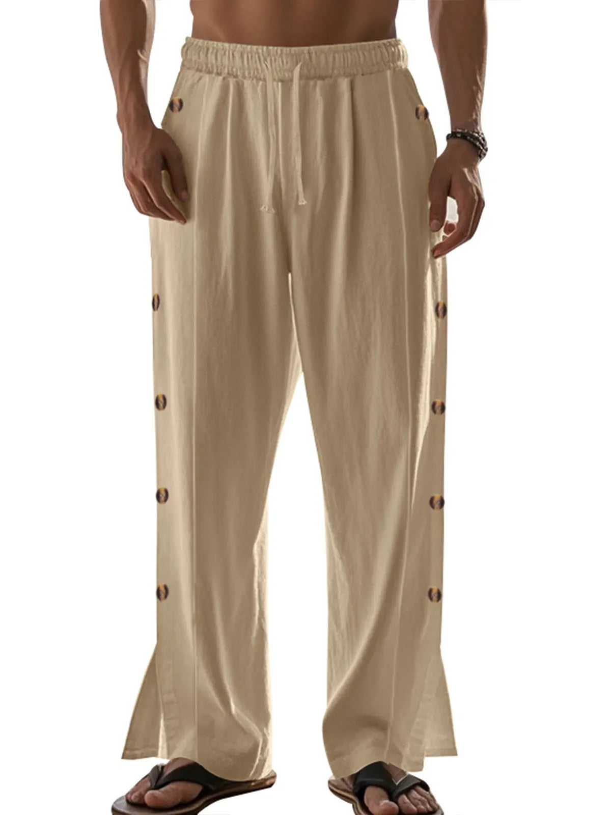 Men's Drawstring Linen Waist Side Buckle Solid Color Comfortable Daily Casual Straight Trousers
