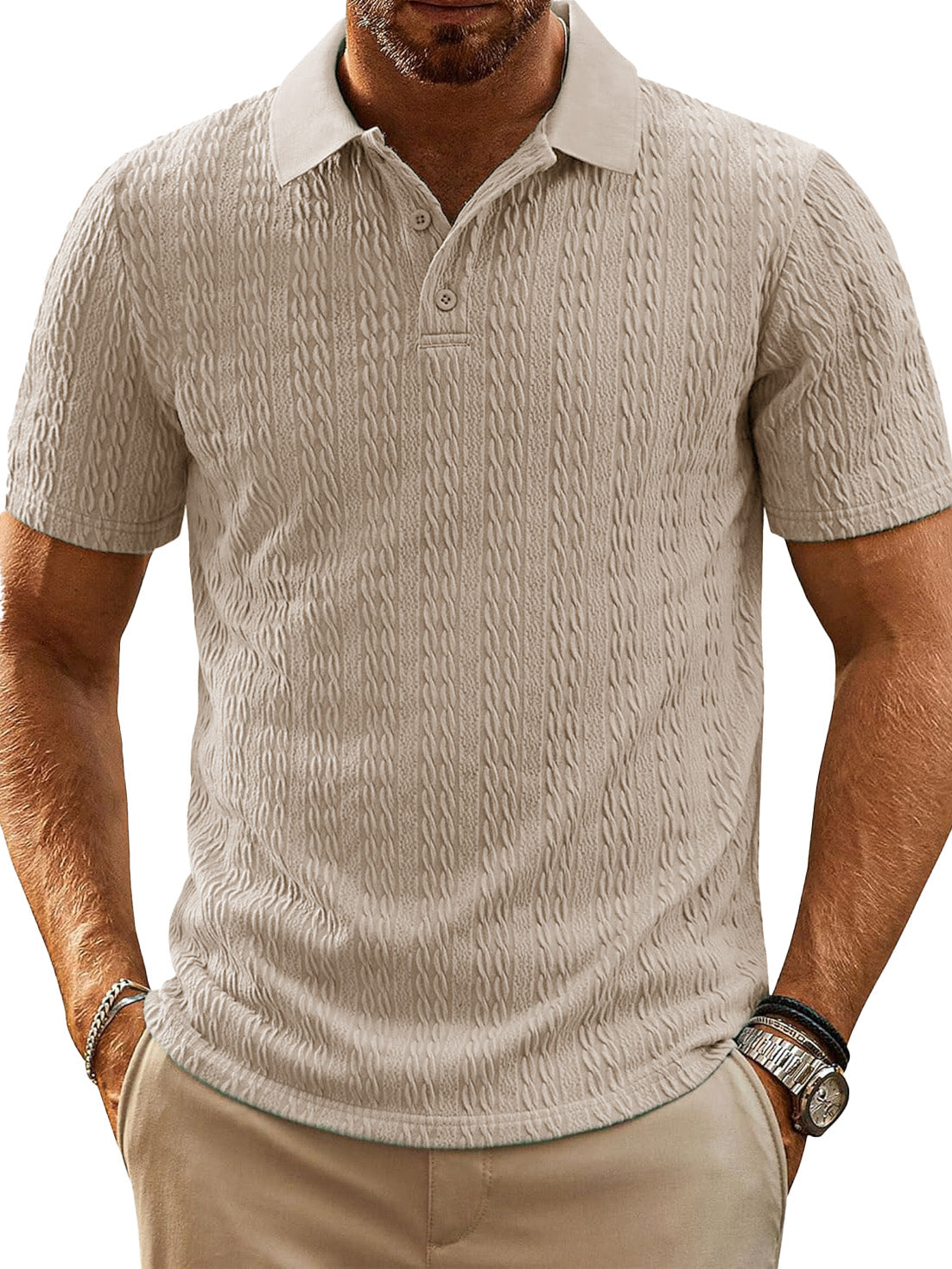 Men's Fashion Everyday Jacquard Fabric Short-sleeved Lapel Pocket Polo Shirt