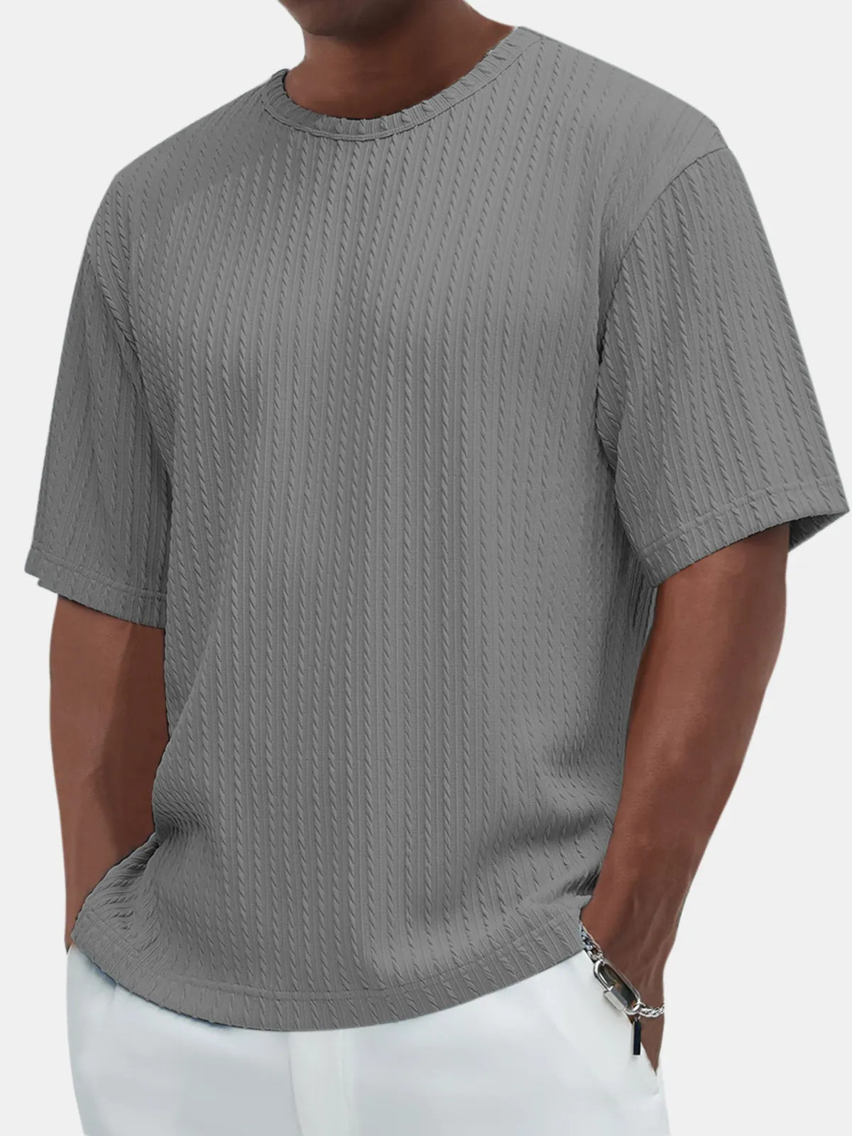 Men's Casual Solid Color Comfortable Daily Jacquard Texture Short-sleeved T-shirt