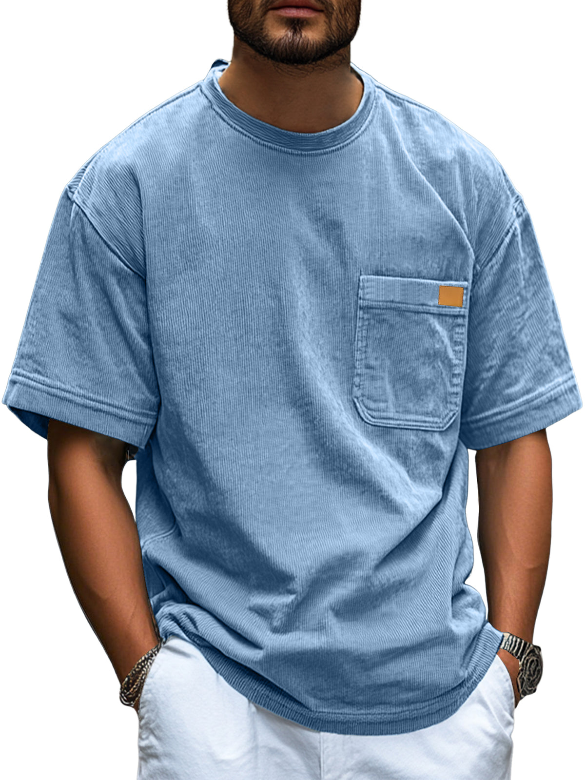 Men's Fashion Retro Corduroy Simple Embroidered Logo Pocket Casual Short-sleeved T-shirt