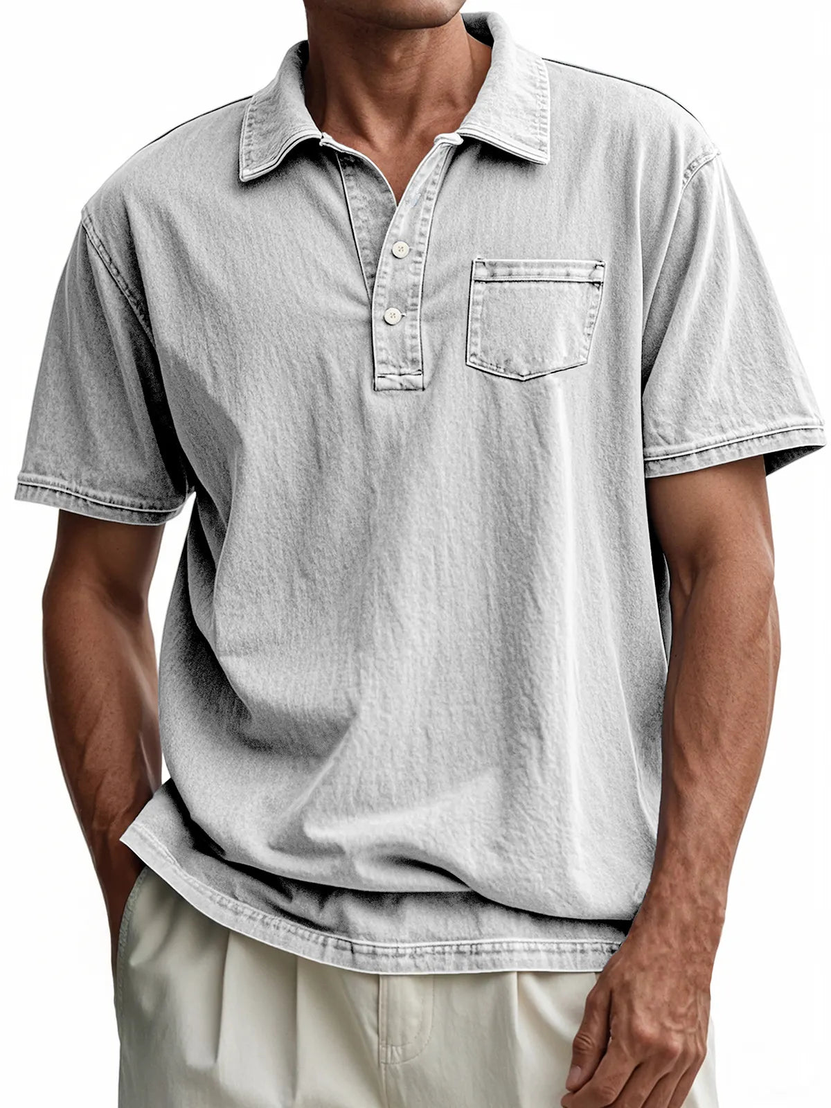 Men's Vintage Distressed Button-Down Short Sleeve POLO Shirt With Chest Pocket