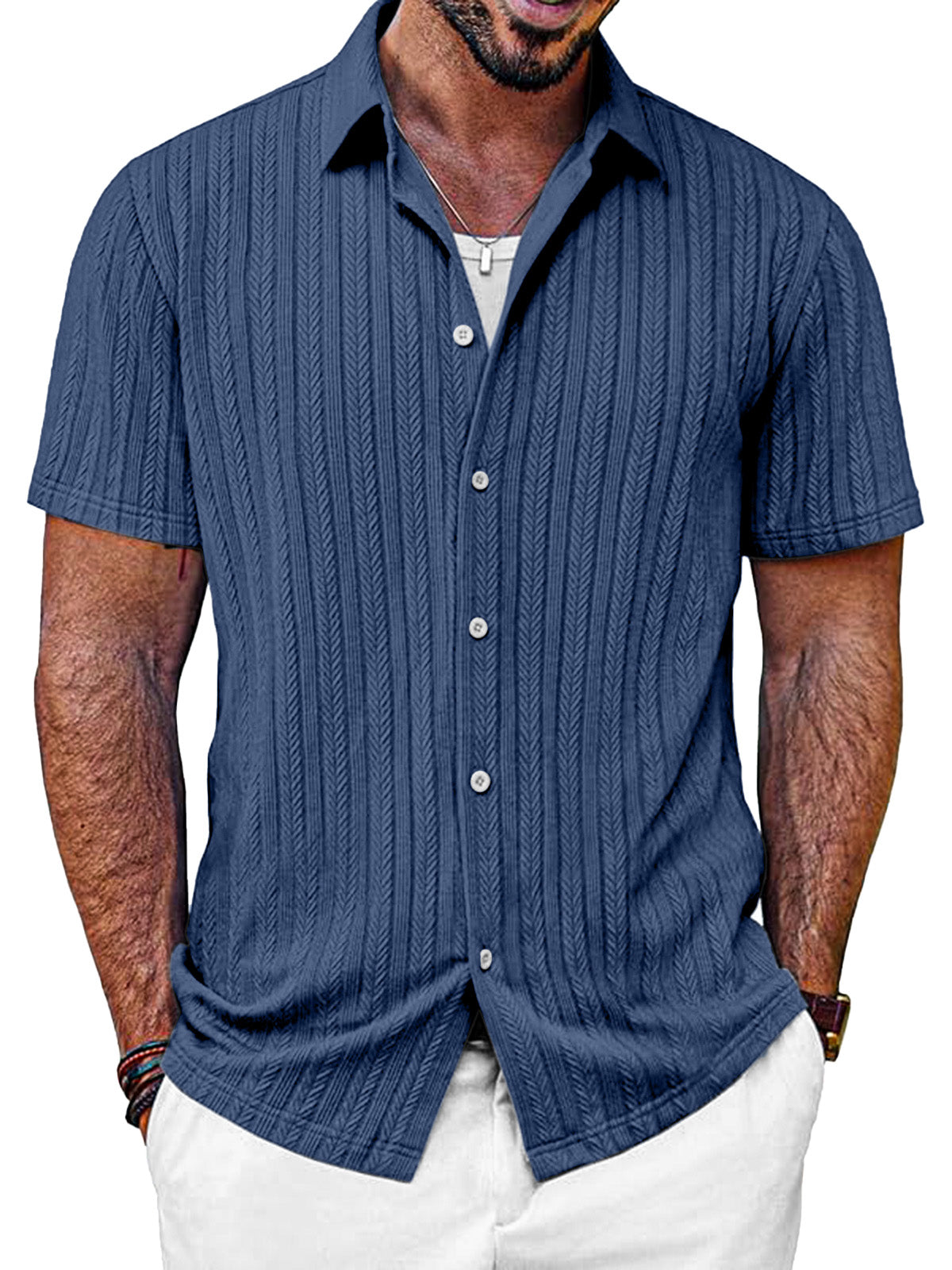 Men's Casual Solid Color Textured Short-sleeved Button-down Shirt