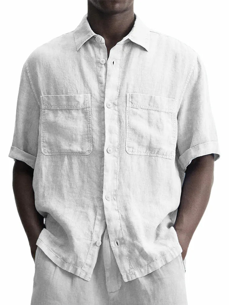 Men's Cotton And Linen Double Pocket Classic Casual Versatile Short-sleeved Shirt