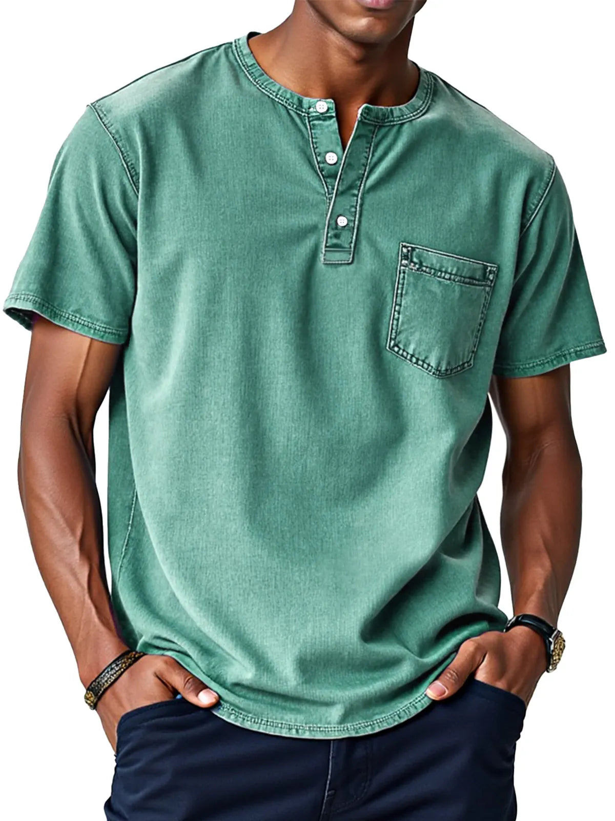 Men's Retro Solid Color Loose Button Stand Collar Short Sleeve Henley Shirt