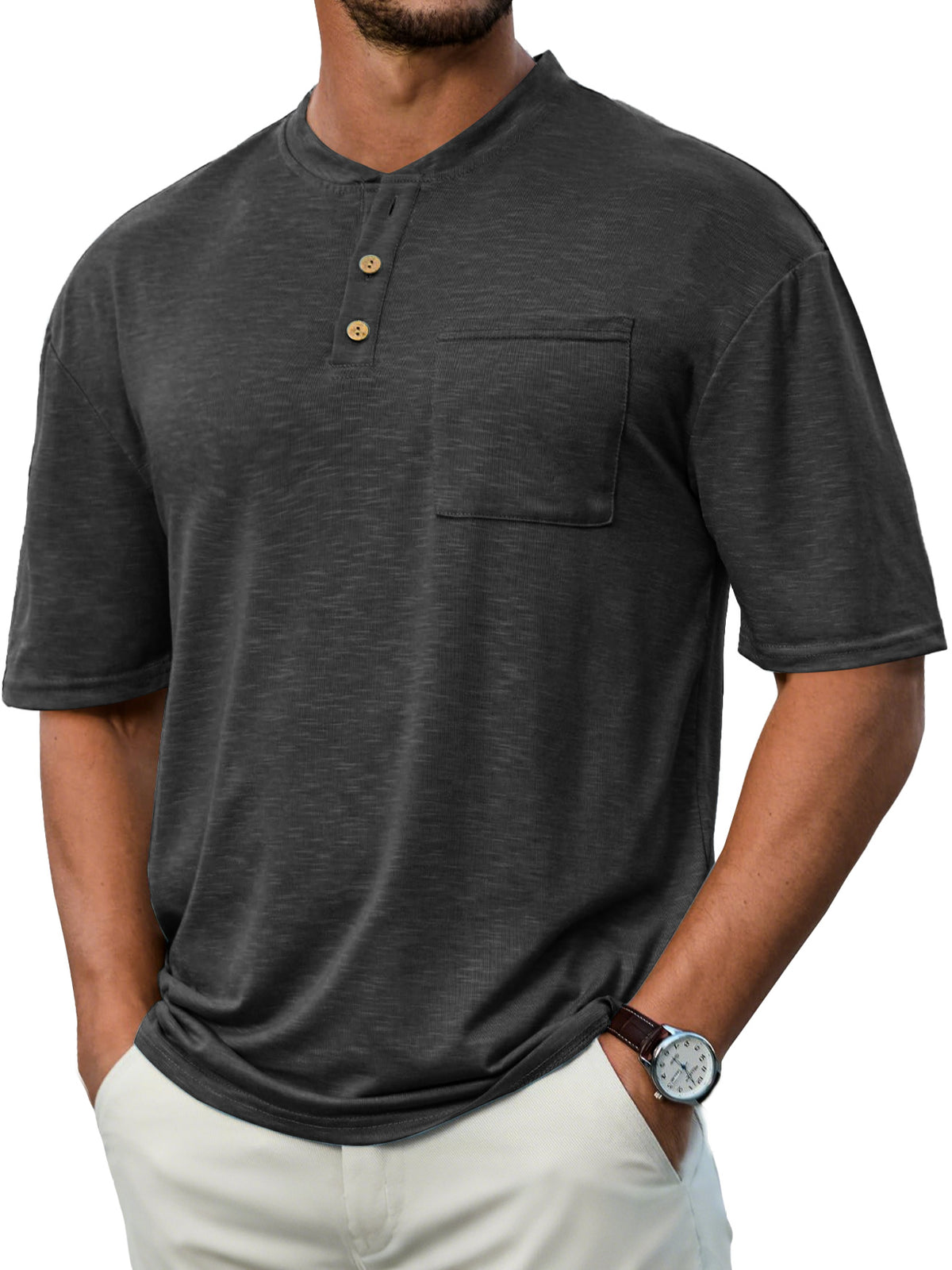Men's Everyday Casual Stand Collar Pocket Comfort Short Sleeve Henley Shirt