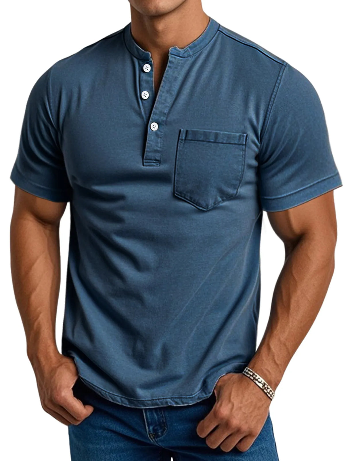 Men's Daily Casual Pocket Stand Collar Short Sleeve Comfortable Henley Shirt