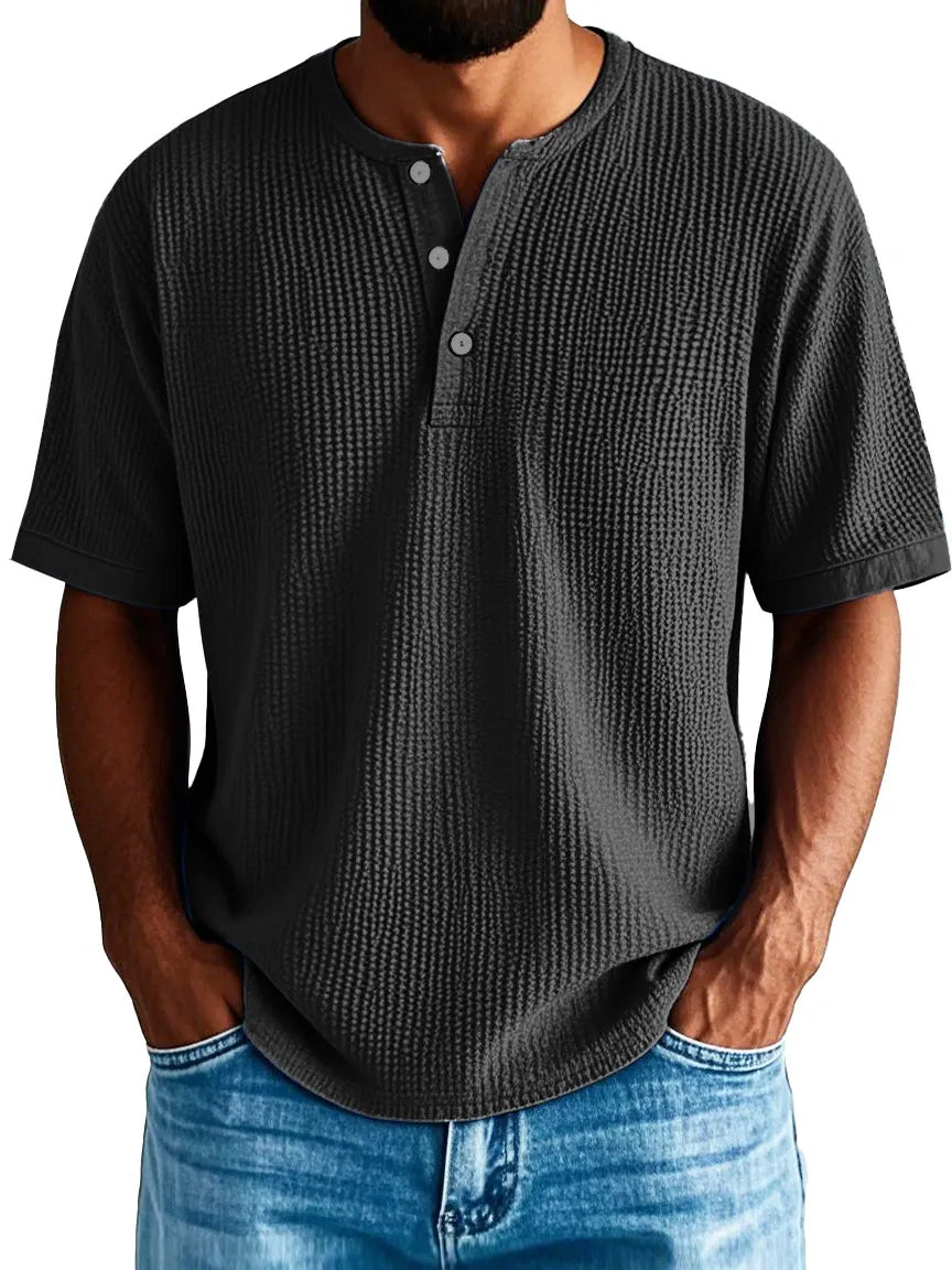 Men's Fashion Casual Pleated Fabric Short-sleeved Vintage Henley Shirt