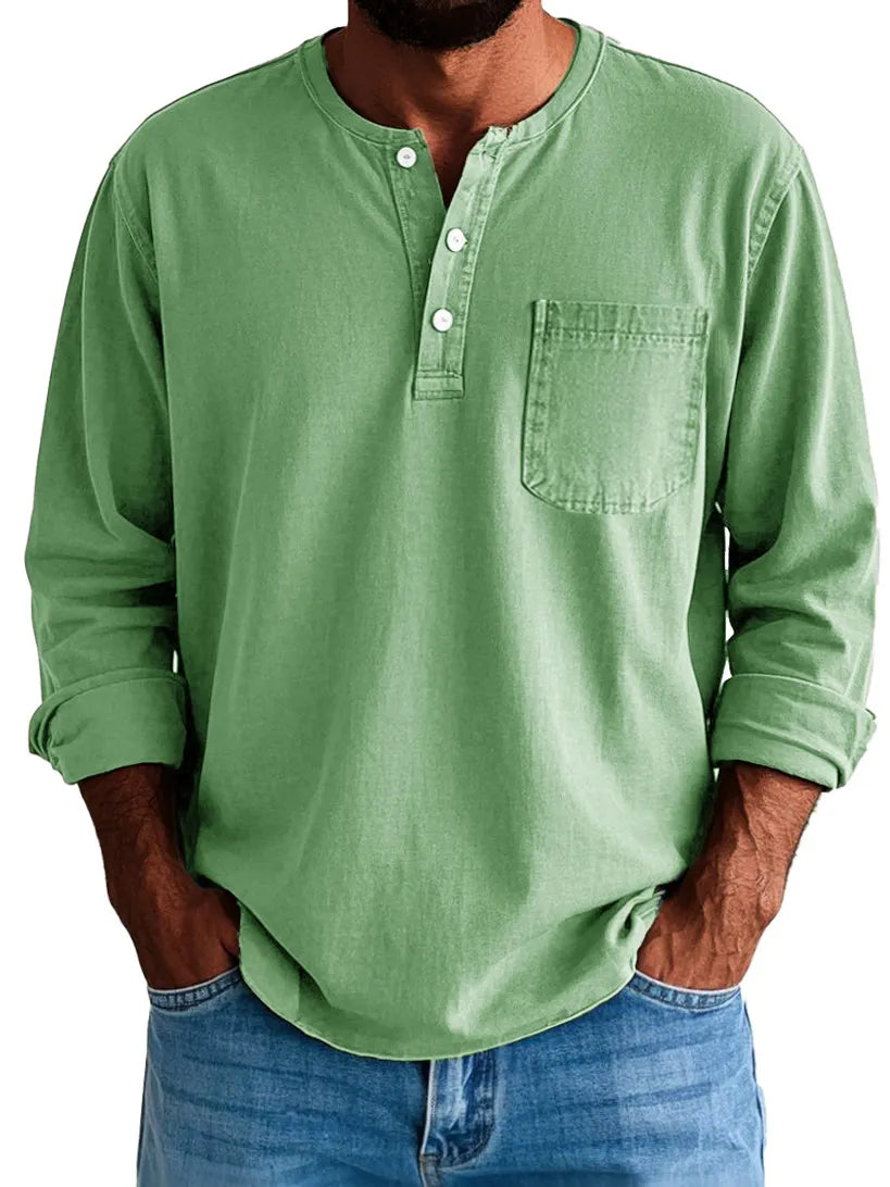 Men's Fashion Vintage Washed Cotton Long Sleeve Pocket Henley Shirt